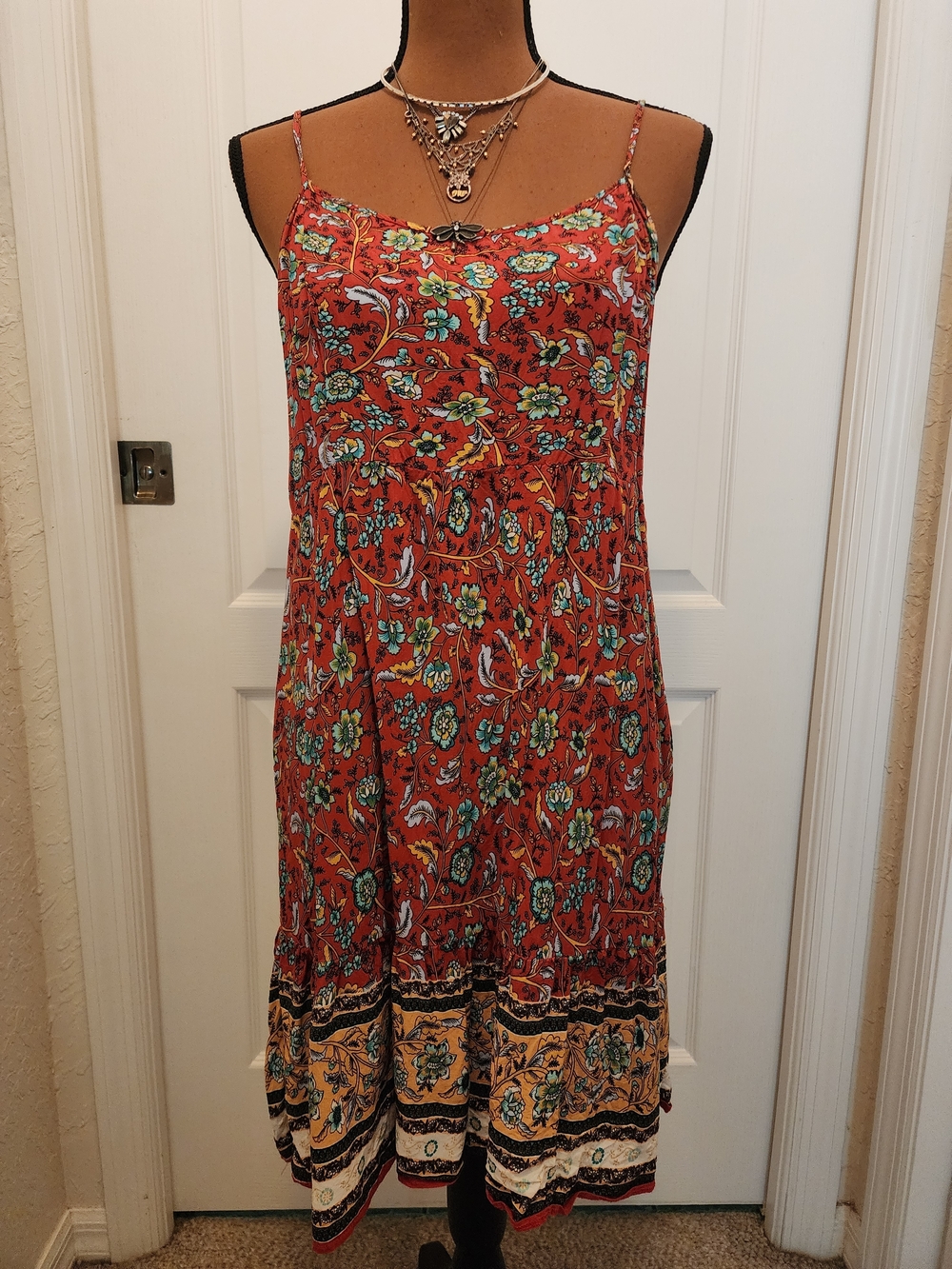 Rust Red Floral Boho Spaghetti-Strap Blue Midi Dress Bundle 100% Viscose L/XL